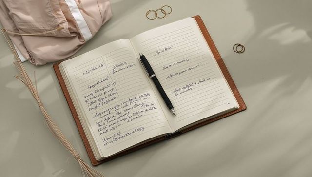 Open leather journal lying on neutral tabletop with black pen, pink pouch and gold rings