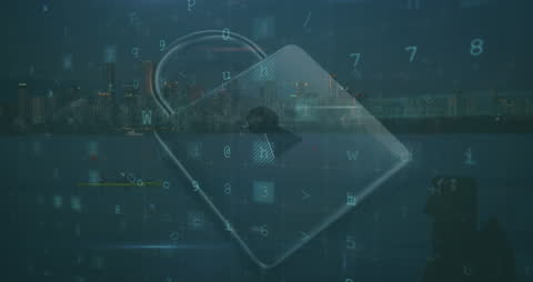 Cybersecurity Concept with Cityscape and Digital Lock