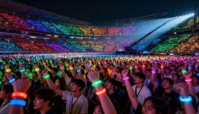Massive crowd cheering with rainbow led wristbands in nighttime stadium concert