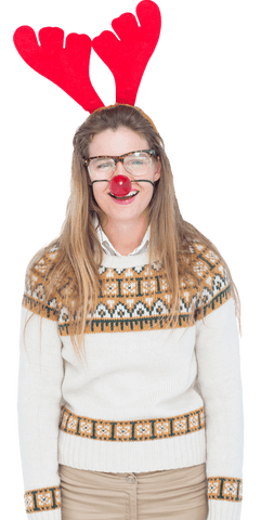 Transparent Reindeer Antlers Young Woman Smiling in Festive Sweater