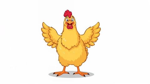 Happy yellow cartoon chicken cheerfully spreading wings