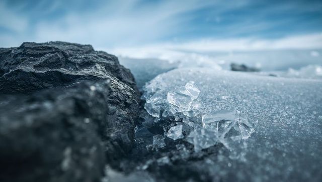 Glistening ice crystal cluster on fractured frozen shore with dark volcanic rocks and mist