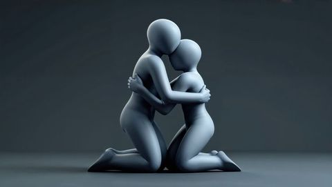 Minimalist Gray Figures in Intimate Embrace