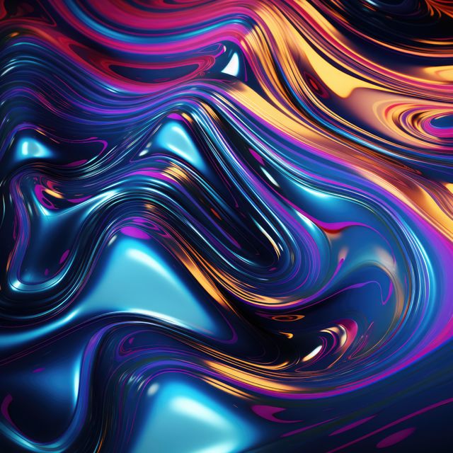 Digital abstract vibrant iridescent liquid flow pattern exuding dynamic and glossy visuals. Ideal for use in modern art projects, website backgrounds, tech advertisements, and graphic design elements. Perfect for creating striking visuals and adding a contemporary, dynamic feel to various digital and print mediums.