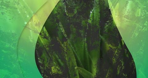 Translucent green teardrop collage with layered foliage texture and grunge speckle macro closeup