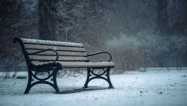 Solitary wooden bench in falling snow with ornate cast-iron legs evoking winter solitude
