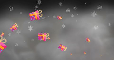 Christmas Presents Falling with Snowflakes on Dark Background