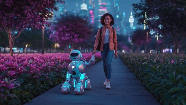 Smiling Woman Walking Robotic Dog in Futuristic Neon Park
