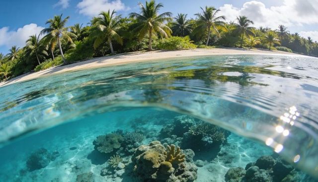 Split-level tropical lagoon showing coral reef under turquoise water and palm-lined beach