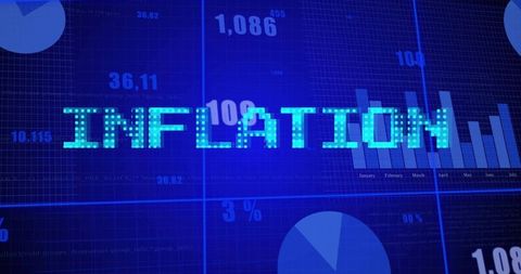 Displaying pixelated INFLATION headline on blue financial dashboard with charts and analytics