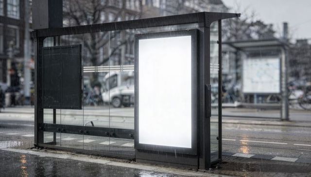 Illuminated blank ad panel at modern glass tram shelter during heavy rain on urban street