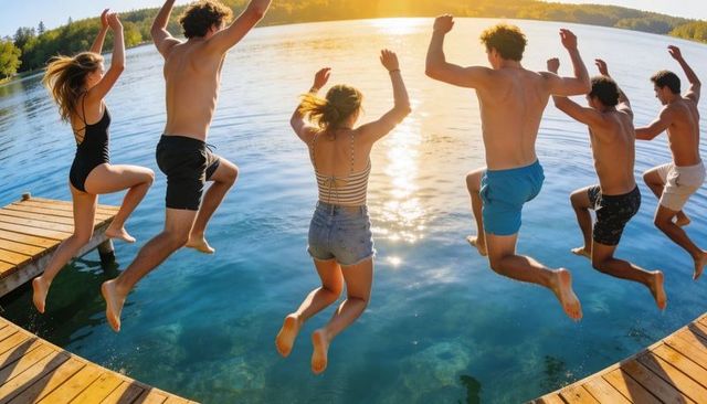 Friends jumping into lake from wooden dock at sunset - summer group splash