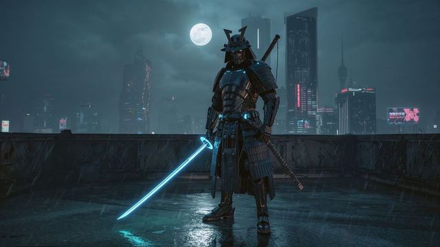 Futuristic Samurai with Glowing Katana on Rainy Urban Rooftop