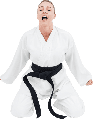 Female Athlete Practicing Judo Wearing White Gi on Transparent Background