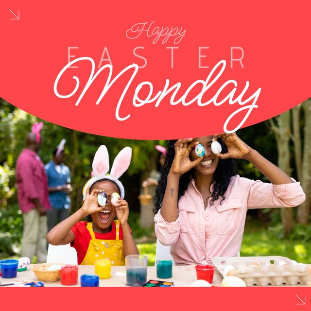 Happy Easter Monday with a joyful African American family engaged in painting Easter eggs outdoors. Use this image to capture the essence of family bonding, traditional holiday crafts, and festive joy during the Easter season.