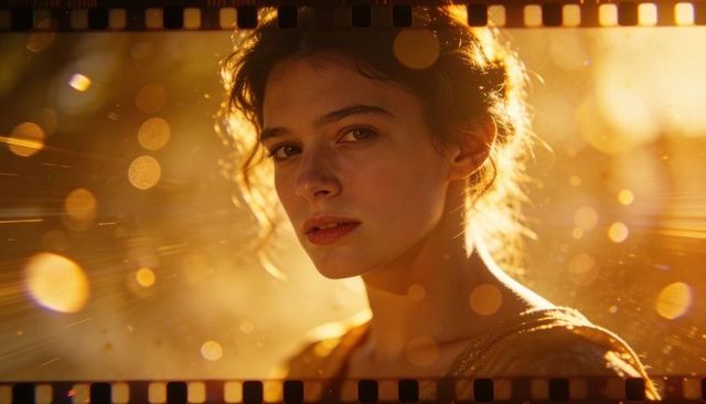 Gazing woman turning toward viewer in cinematic golden backlight with film sprocket bokeh