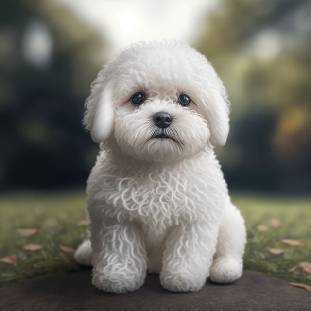 A fluffy white dog sits attentively outdoors. Its innocent gaze and curly fur make it an adorable subject for pet lovers.