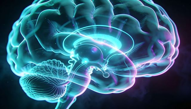 Translucent Holographic Brain Rendering Showing Cerebellum and Brainstem in Cyan Light