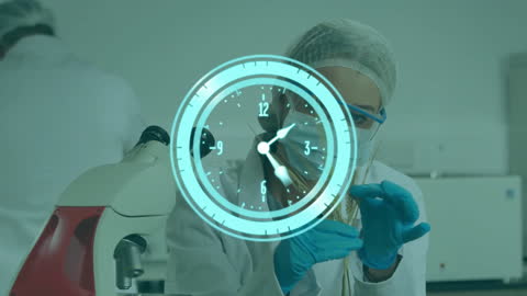 Female Scientist Conducting Research in Laboratory with Digital Clock
