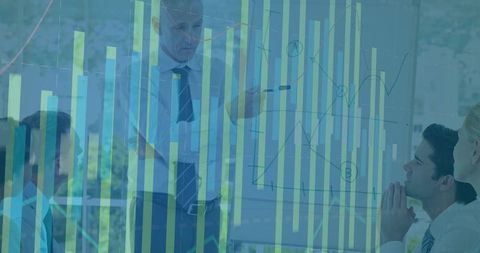 Business Strategy Meeting with Analytics Presentation Overlay