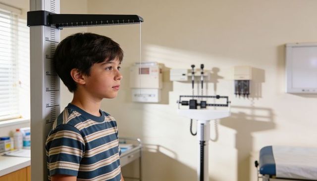 School-age boy measuring height at pediatric checkup using stadiometer in clinic room