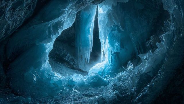 Stunning blue ice stalactites hanging in glacial cave