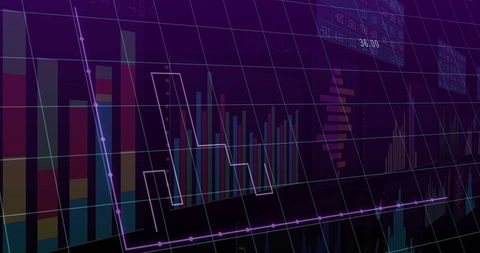 Displaying purple 3D finance dashboard with neon bar charts and magenta stepped trend line
