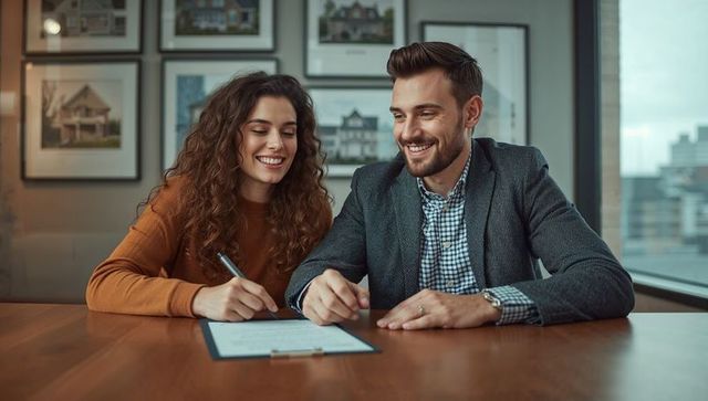 Smiling Couple Signing Real Estate Documents Together