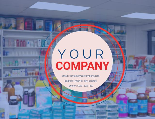 Professional pharmacy display featuring a wide assortment of health products including vitamins, supplements, and medications. Front and center is a customizable banner for branding with company contact details and address. Ideal for marketing materials, business branding, and promotional purposes.