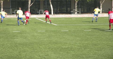 Intense soccer match on green field with referee