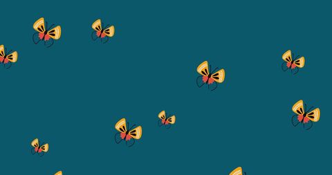 Hypnotic flight of orange butterflies on blue background