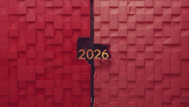 Torn red grid revealing gold 2026 numerals on black void for new year campaign