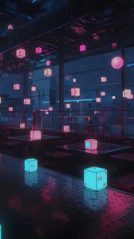 Vertical Push-In Revealing Glowing Cyan Cube on Wet Reflective Floor in Neon Lounge