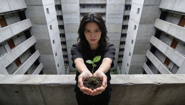 Young woman holding seedling in concrete atrium urban gardening concept for sustainability