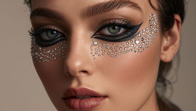 Closeup portrait featuring model wearing bold winged eyeliner and rhinestone crystals
