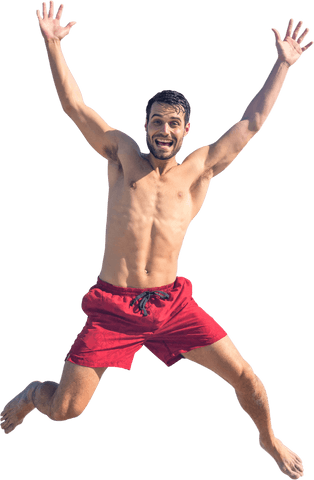 Caucasian man jumping excited on transparent background