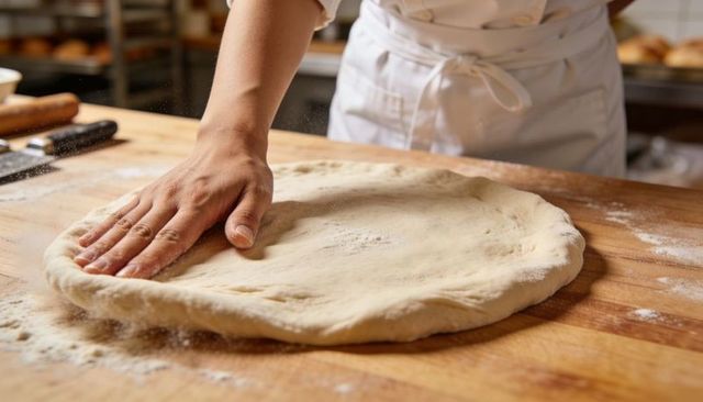 Shaping and Stretching Pizza Dough by Hand on Floured Wooden Bench in Artisan Bakery