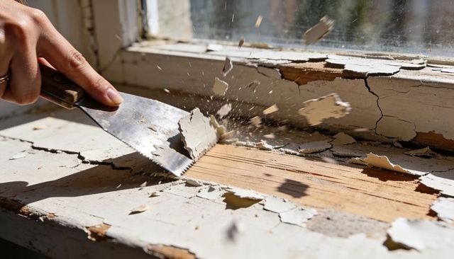 Scraping peeling paint from window sill revealing bare wood grain for restoration project
