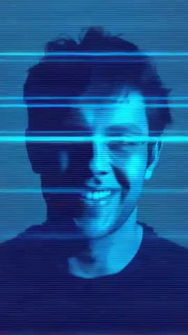 Vertical cyan glitch portrait of man smiling through shifting scanlines and distortion