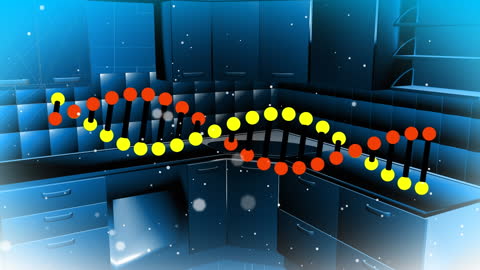 Digital Genetic Helix Overlaying Futuristic Kitchen Workspace