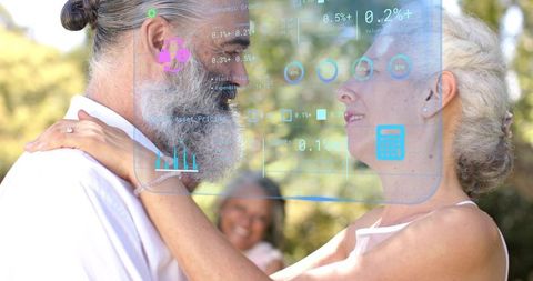 Embracing senior couple in sunlit garden with augmented reality overlay and wedding ring