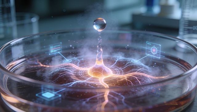 Neural droplet forming in petri dish with glowing filaments and holographic circuitry