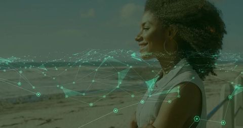 Woman Smiling on Beach with Digital Network Overlay