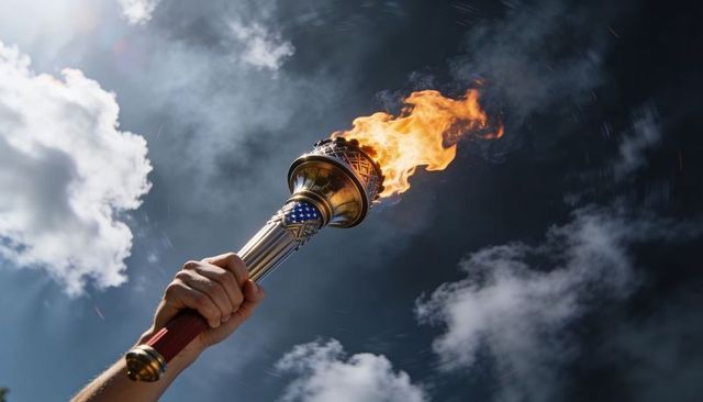 Holding patriotic torch with burning flame and star band against dramatic sky