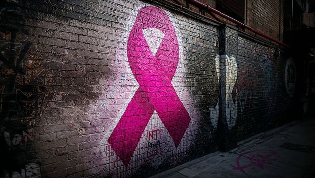 Vibrant pink ribbon graffiti on brick wall in urban alley