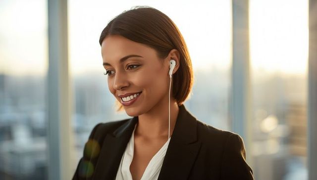 Confident Professional Woman in Urban Office with Earphones