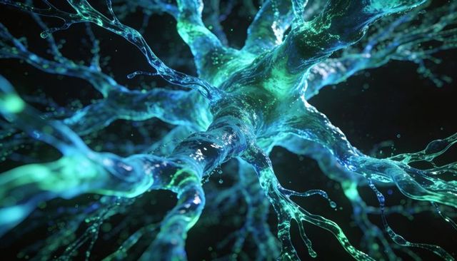 Bioluminescent Neuron Network with Fluid Branches and Dripping Droplets, Futuristic