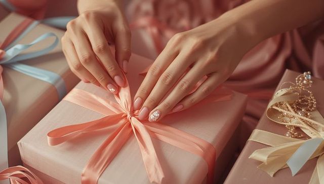 Elegant hands tying satin ribbon on gift box with jewelry