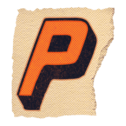 Orange 3d letter p on torn pop art paper, transparent background