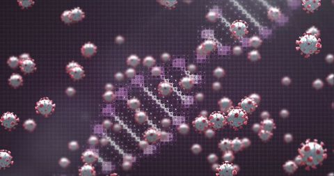 Digital illustration of pathogen cells impacting dna strand